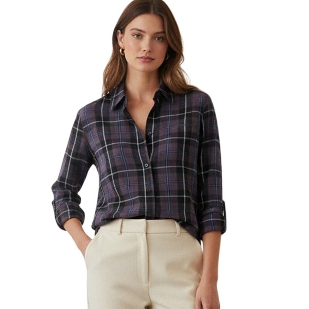 Jenni Kayne Silk Button up Blouse Maroon Blue Plaid Size XS